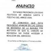 ANUNCIO: PROHIBIDO APARCAR EN LAS ZONAS DE RECOGIDA DE BASURA