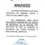 ANUNCIO: PROHIBIDO APARCAR EN LAS ZONAS DE RECOGIDA DE BASURA